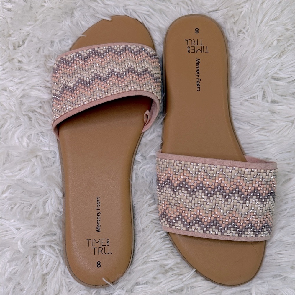 Time and Tru Women's Beaded Slide Sandals - Pink, White & Silver